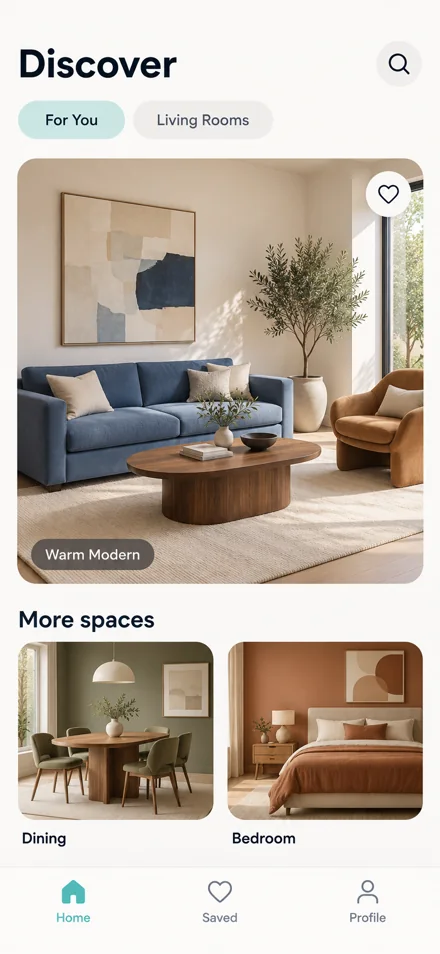 RoomRecipe app Discover screen with a warm modern living room and more spaces to explore