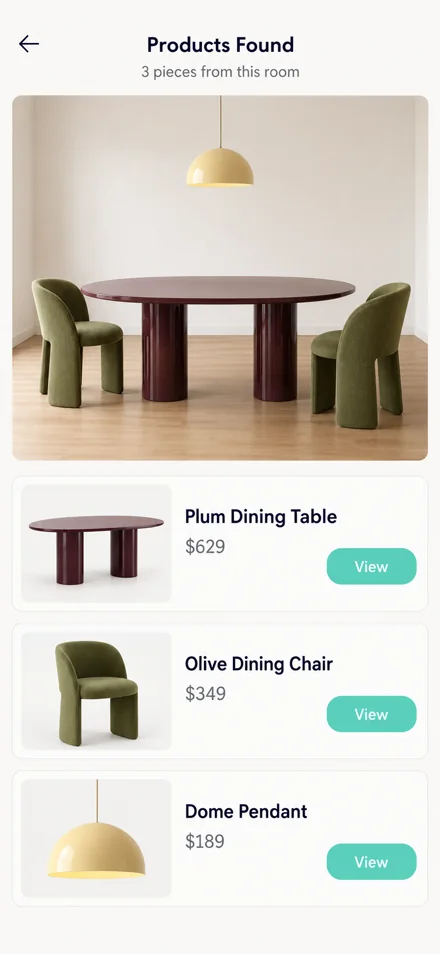 RoomRecipe app product list for a dining room: dining table, dining chair and dome pendant