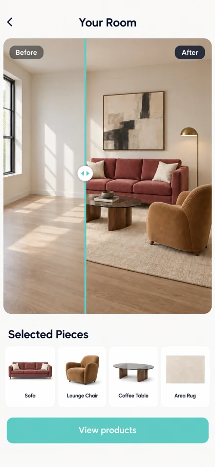 RoomRecipe app Your Room screen with a before and after preview and the selected pieces