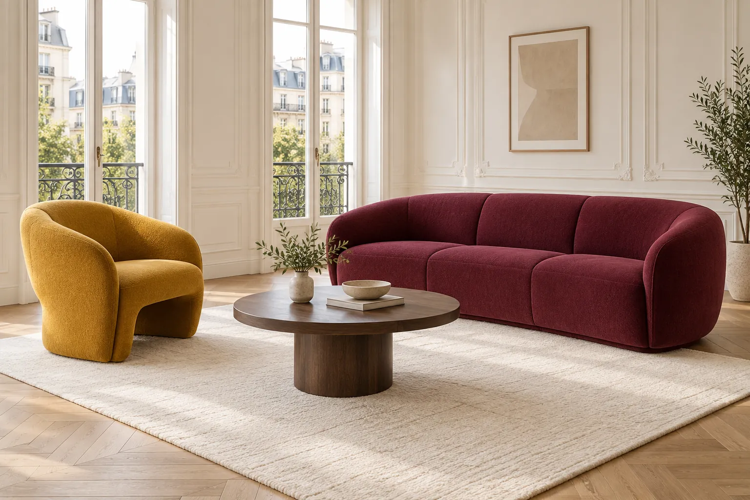 Paris apartment living room with a raspberry curved sofa, a mustard lounge chair and a round walnut coffee table