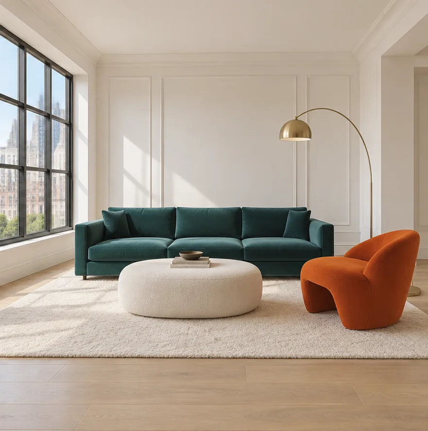 The same living room with a teal velvet sofa, a bouclé ottoman, an orange lounge chair and a brass arc lamp