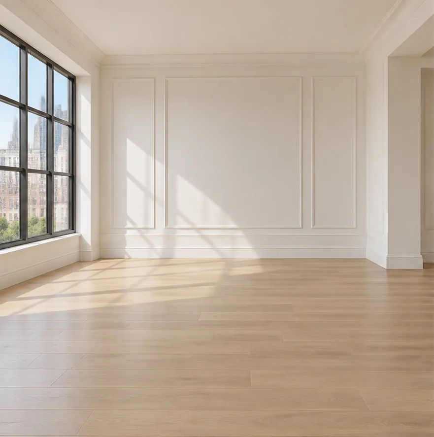 Empty living room with tall windows and wall panelling