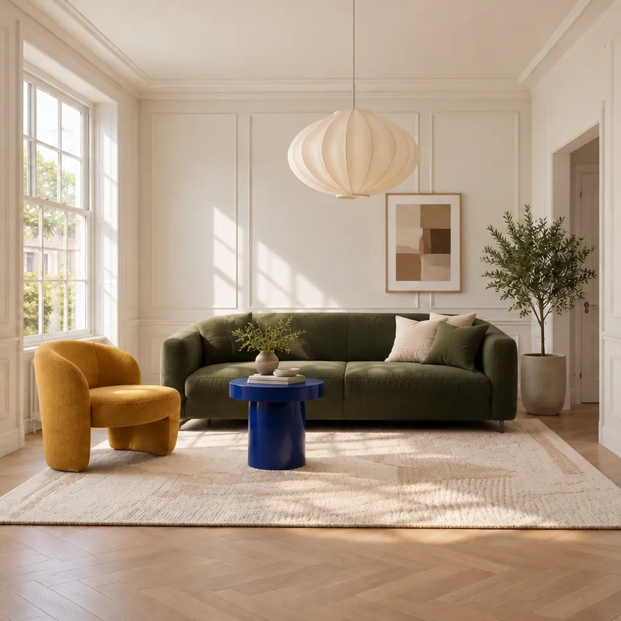 The same room with an olive sofa, a mustard chair, a blue side table and a paper pendant