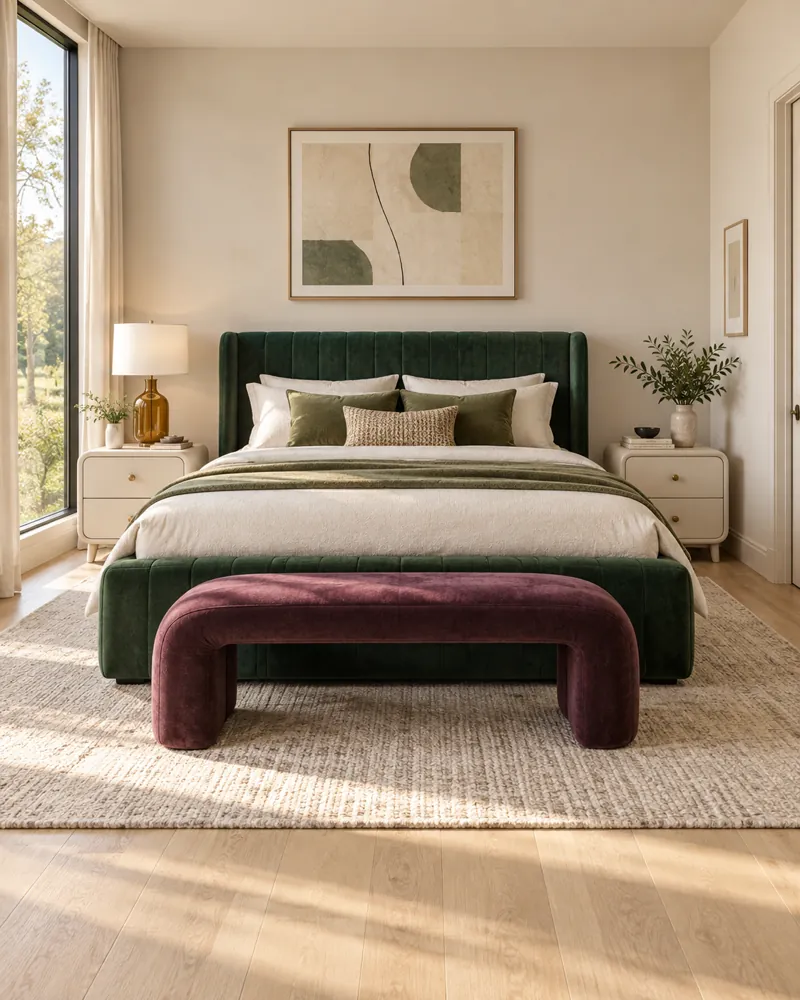 Bedroom with a green velvet bed, a plum bench and abstract art