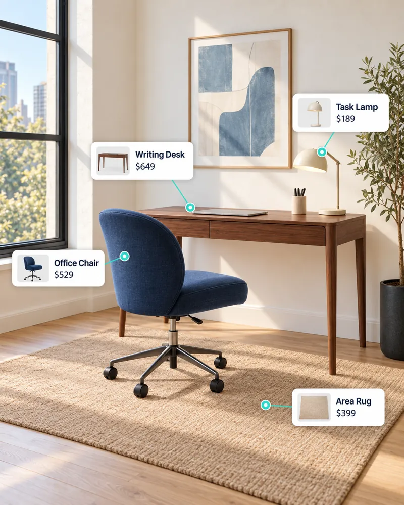 Home office with product tags on the desk, office chair, task lamp and area rug