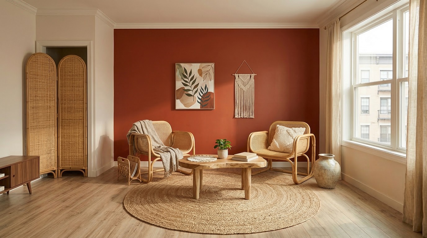 A living room furnished on a budget — sofa, rug, lamp, accent chairs